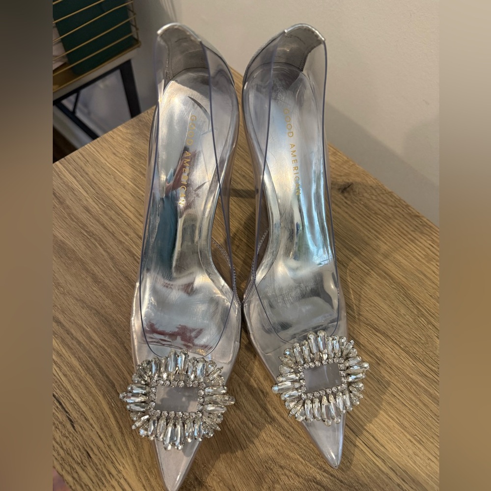 Good American Silver Heels with Embellished Buckle